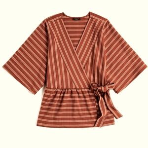 Ann Taylor Factory Pinstripe Kimono Sleeve Wrap Top Large Burnt Orange White